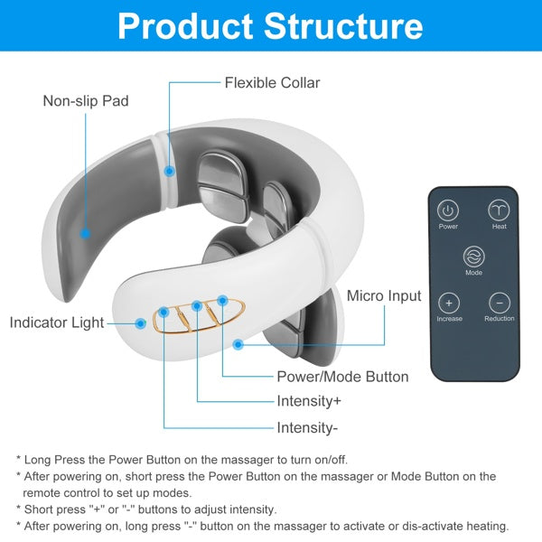 Cordless heated neck massager with remote and multiple modes
